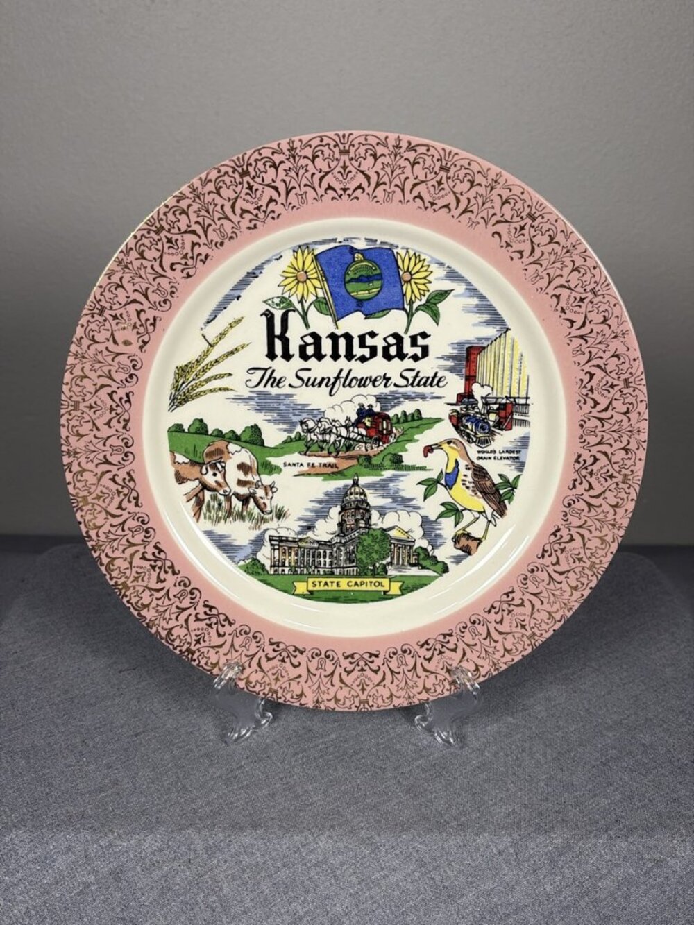 Vintage Kansas The Sunflower State Souvenir Collector Plate Pink Gold Filigree